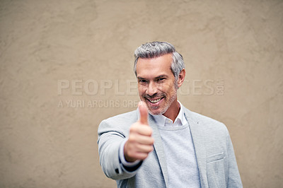 Buy stock photo Portrait, smile and thumbs up with business man on wall background for motivation, support or thank you. Bonus, promotion and success with happy mature employee on mockup space for emoji, like or yes