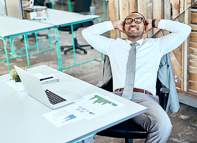 Buy stock photo Businessman, smile and stretching with rest by office desk for mental health, laptop and research. Financial advisor, relax and hands behind head for work break, computer and goal achievement