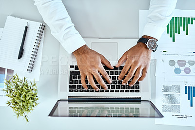 Buy stock photo Business man, hands and laptop with documents, data analysis and digital planning, copywriting and seo report. Charts, graphs and stats paperwork of professional person on computer typing from above