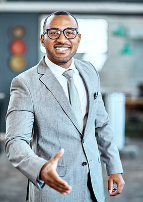 Buy stock photo Portrait, glasses and businessman with handshake in office for onboarding, entrepreneur and b2b negotiation. Financial advisor, eyewear and thank you gesture for opportunity, partnership and hiring