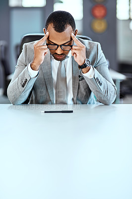 Buy stock photo Business man, headache and stress with burnout, mental health problem and crisis with corporate fatigue. Male professional with migraine, pain and tired, depression and anxiety with mockup space