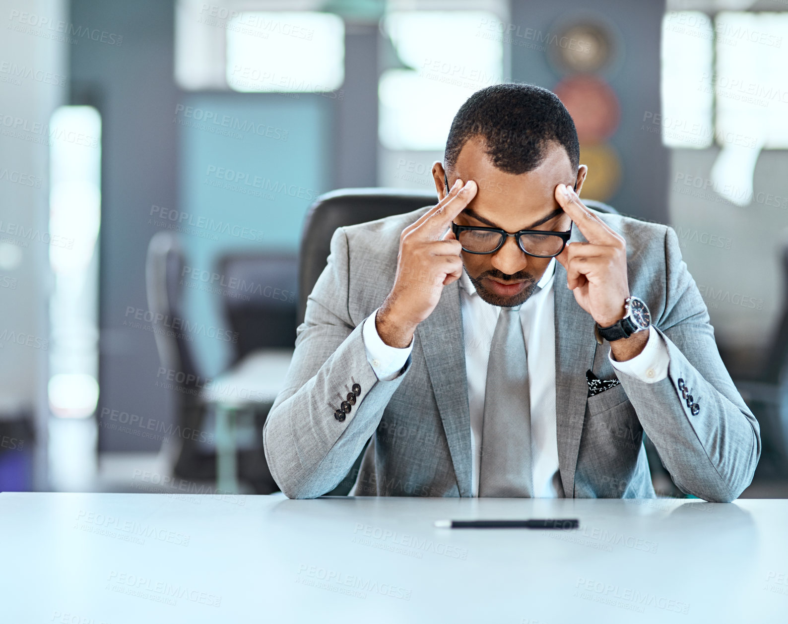 Buy stock photo Business man, headache and stress with brain fog, mental health problem and crisis at work with corporate burnout. Male professional with anxiety, migraine and pain, tired and depressed with fail