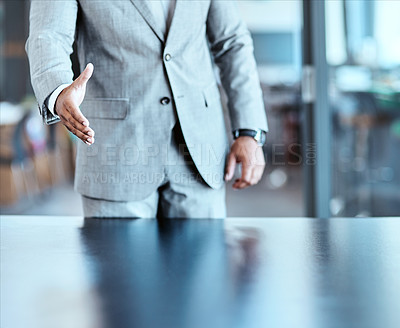 Buy stock photo Business man, handshake and offer for success, partnership agreement or introduction, hiring and welcome. Professional person shaking hands in pov meeting, deal or congratulations and thank you sign