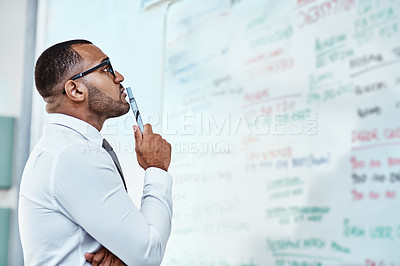 Buy stock photo Thinking, planning and business man on whiteboard brainstorming, ideas and information or problem solving. Professional African person or corporate worker reading, solution and project notes on board