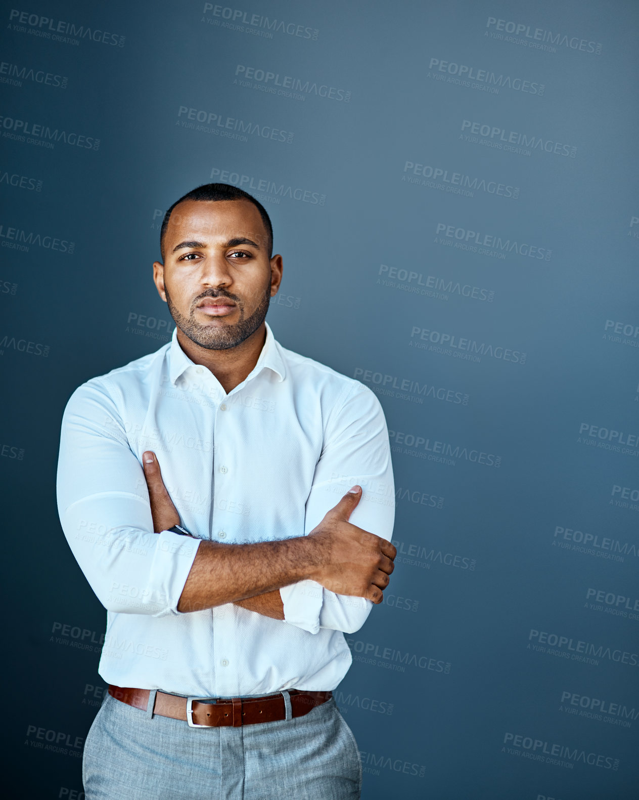 Buy stock photo Portrait, financial advisor and businessman with arms crossed or space in studio for corporate career in France. Face, confident or proud professional investment banker with mockup on blue background