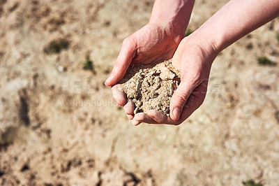 Buy stock photo Hands, soil and dirt with drought, environment and above with climate change for agriculture in countryside. Farmer, person and assessment with dry earth, dust or sand with global warming in Spain