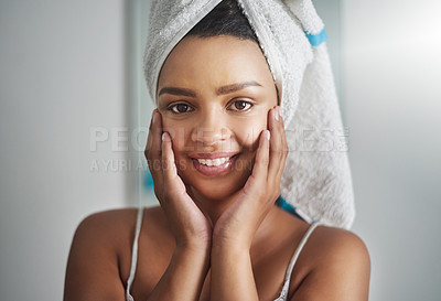 Buy stock photo Portrait of an attractive young woman standing in the bathroom at home