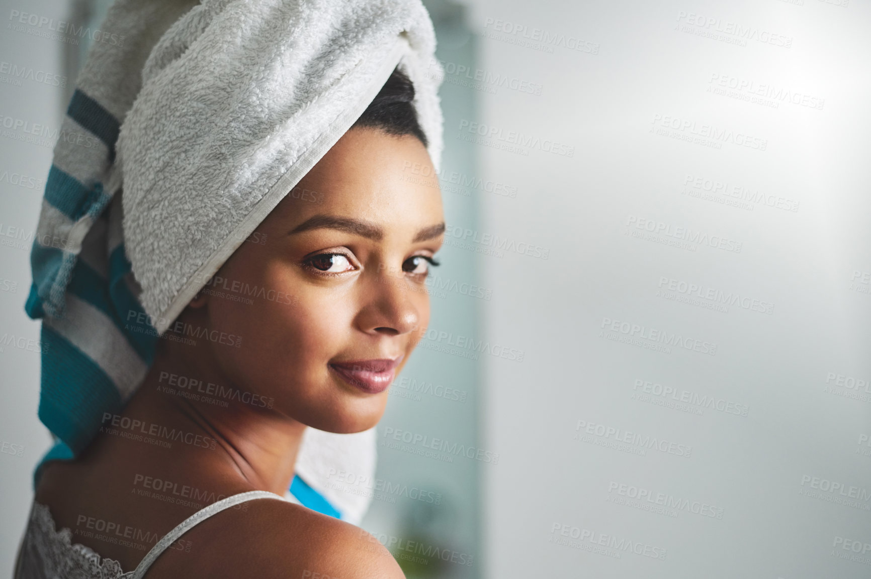 Buy stock photo Woman, portrait and hygiene with towel for shower, cleanliness or morning routine in bathroom at home. Face, female person or smile with space for skincare, natural beauty or dermatology at house