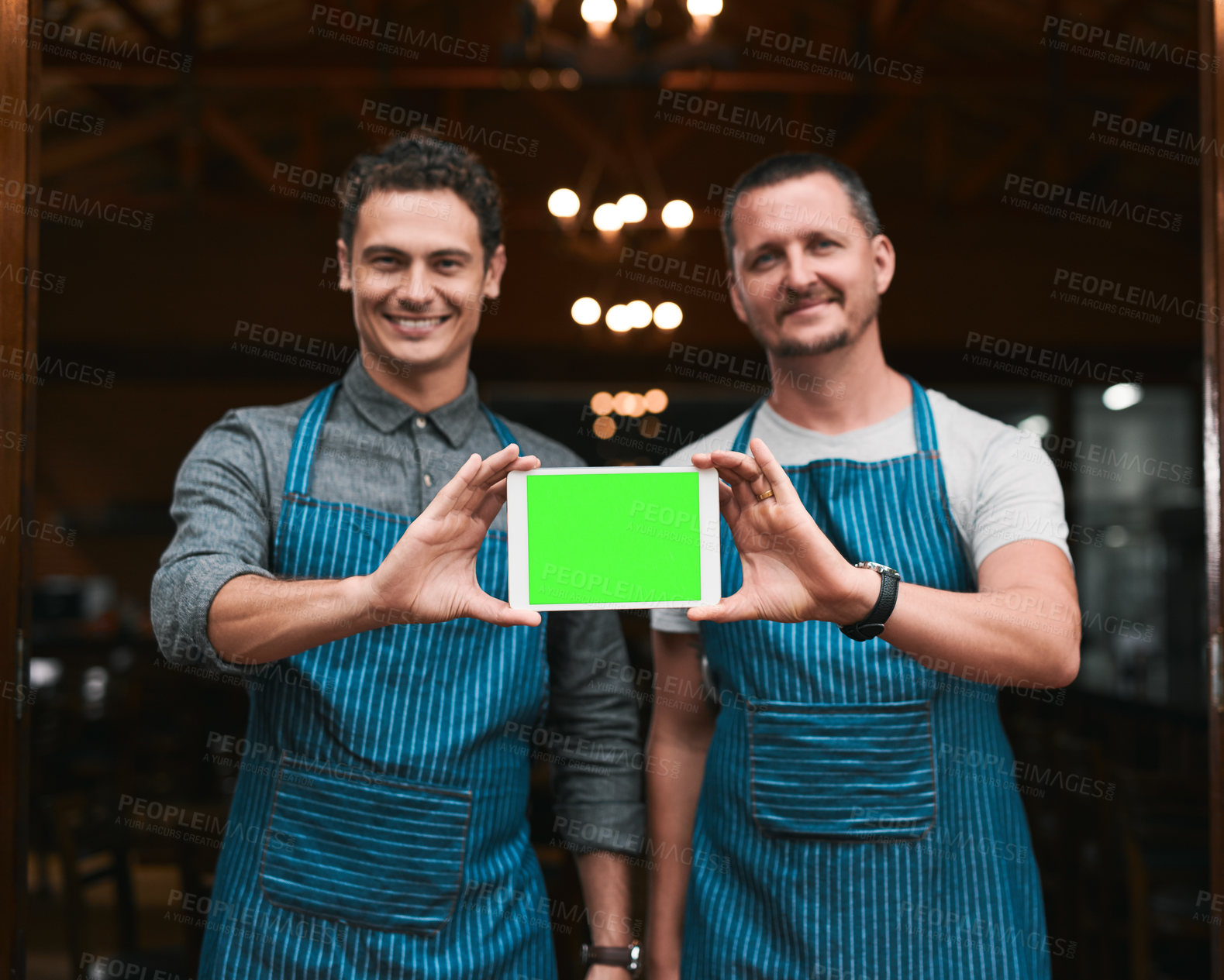 Buy stock photo Green screen, portrait and tablet with men in coffee shop entrance for advertising or marketing. Cafe, small business or startup and smile of restaurant owner people with mockup space on display