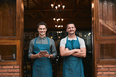 Buy stock photo Team, coffee shop and portrait of man with tablet, professional and people for small business startup. Happy, confident and pride for success in career in hospitality service, growth and together.