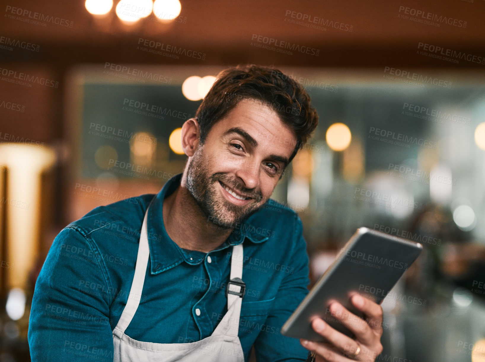 Buy stock photo Man, portrait smile and tablet internet for social media, email notification and connection for search. Entrepreneur, happy and tech for chat app, message and online invitation for distillery launch