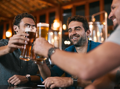 Buy stock photo Glasses, friends and beer in pub with drinks as celebration for cheers, happiness or social bonding. Alcohol, men and people in restaurant for birthday party, event and reunion in Germany with toast