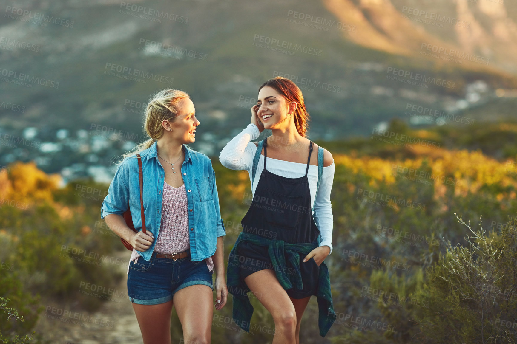 Buy stock photo Women, friends and happy on hiking for fitness with adventure, fun and trekking in Brazil. People, relationship and smile with walking with exercise for bonding, trust and support to explore nature