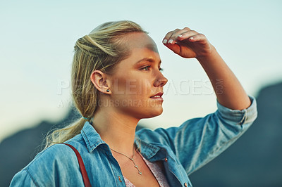 Buy stock photo Cropped shot of a young beautiful woman in nature