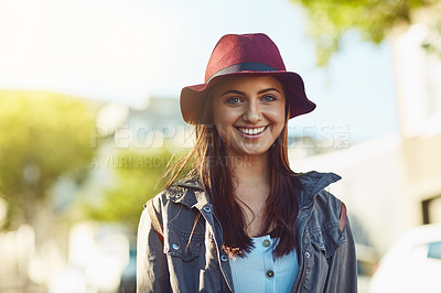 Buy stock photo Portrait of a young beautiful woman sight seeing in the city
