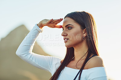 Buy stock photo Cropped shot of a beautiful young woman in nature