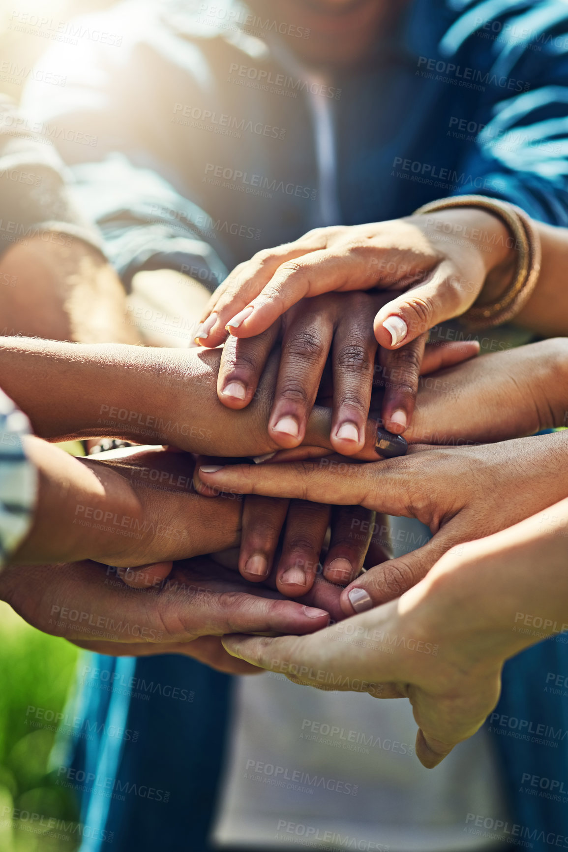 Buy stock photo Hands, together and pile for team building with people outdoor, support and solidarity in nature. Community, mission and partnership, trust and commitment with loyalty, group huddle and agreement