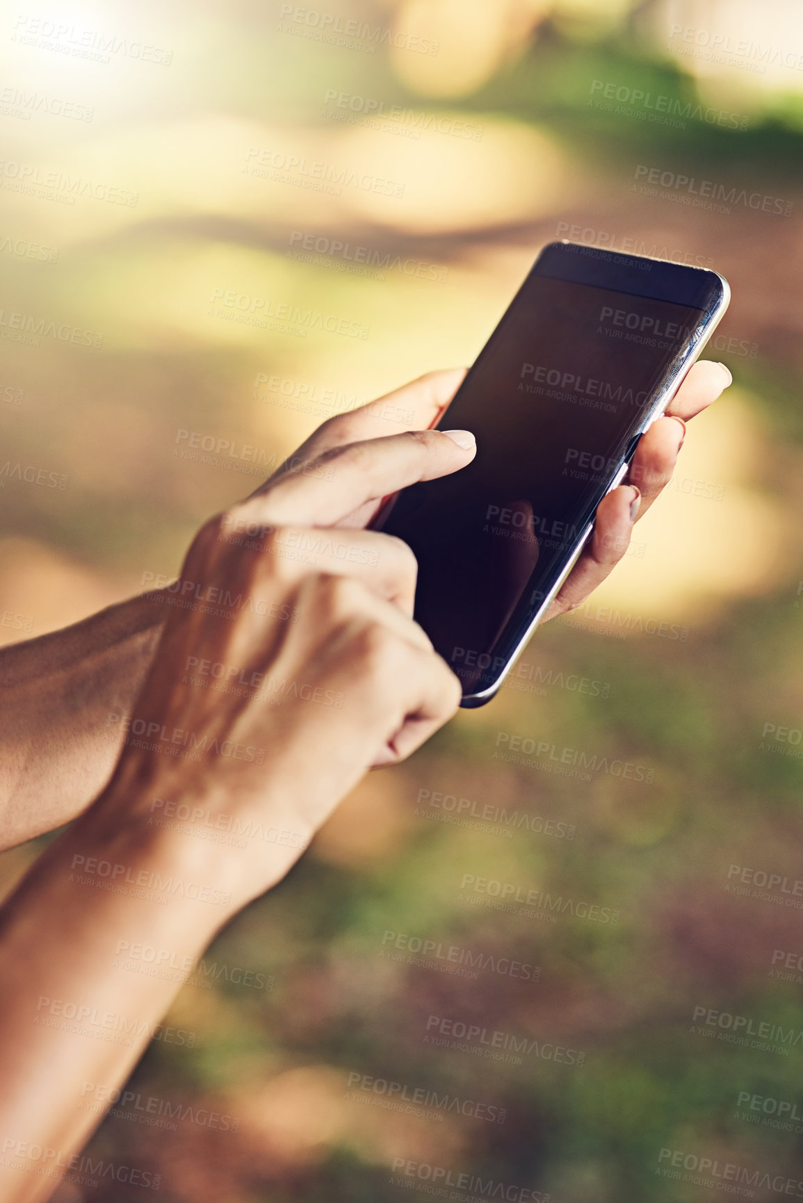 Buy stock photo Person, hands and typing with phone screen for navigation, app or online browsing in nature. Closeup, user or interface with mobile smartphone for UI, UX or interaction on technology at outdoor park