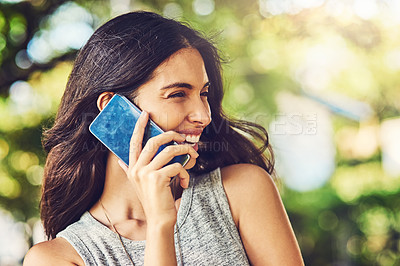 Buy stock photo Conversation, laughing and woman with phone call, outdoor and communication with contact, happy and park. Listening, hearing and gossip with mobile, talking and funny story for person and morning