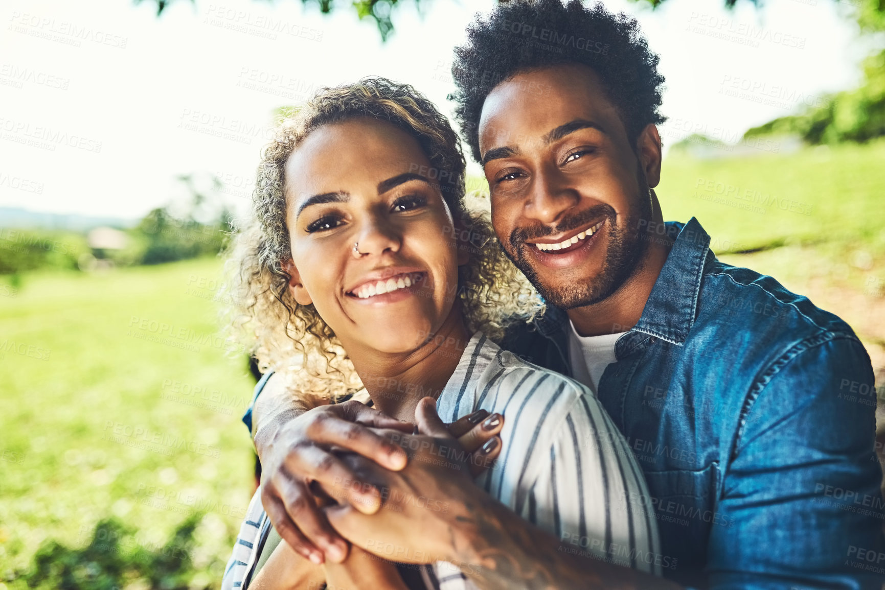 Buy stock photo Couple, hug and portrait outdoor for travel, bonding and relationship on weekend with happy face. People, smile and relax in park for love, support and embrace with care, trust and date in Costa Rica