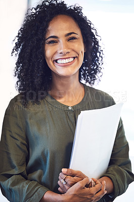 Buy stock photo Portrait of an attractive young businesswoman standing in the office