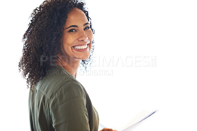 Buy stock photo Studio shot of an attractive young businesswoman posing against a white background
