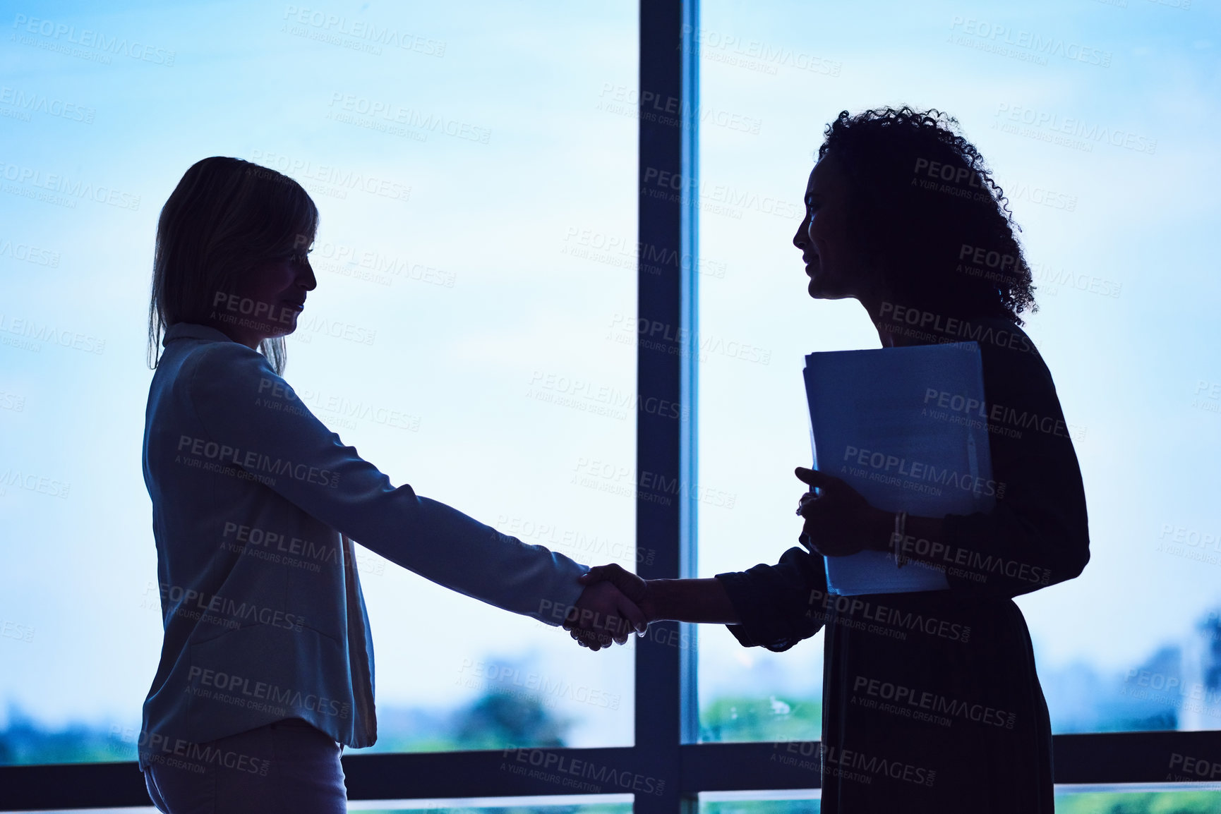 Buy stock photo Silhouette of two unrecognizable businesswomen shaking hands in the office