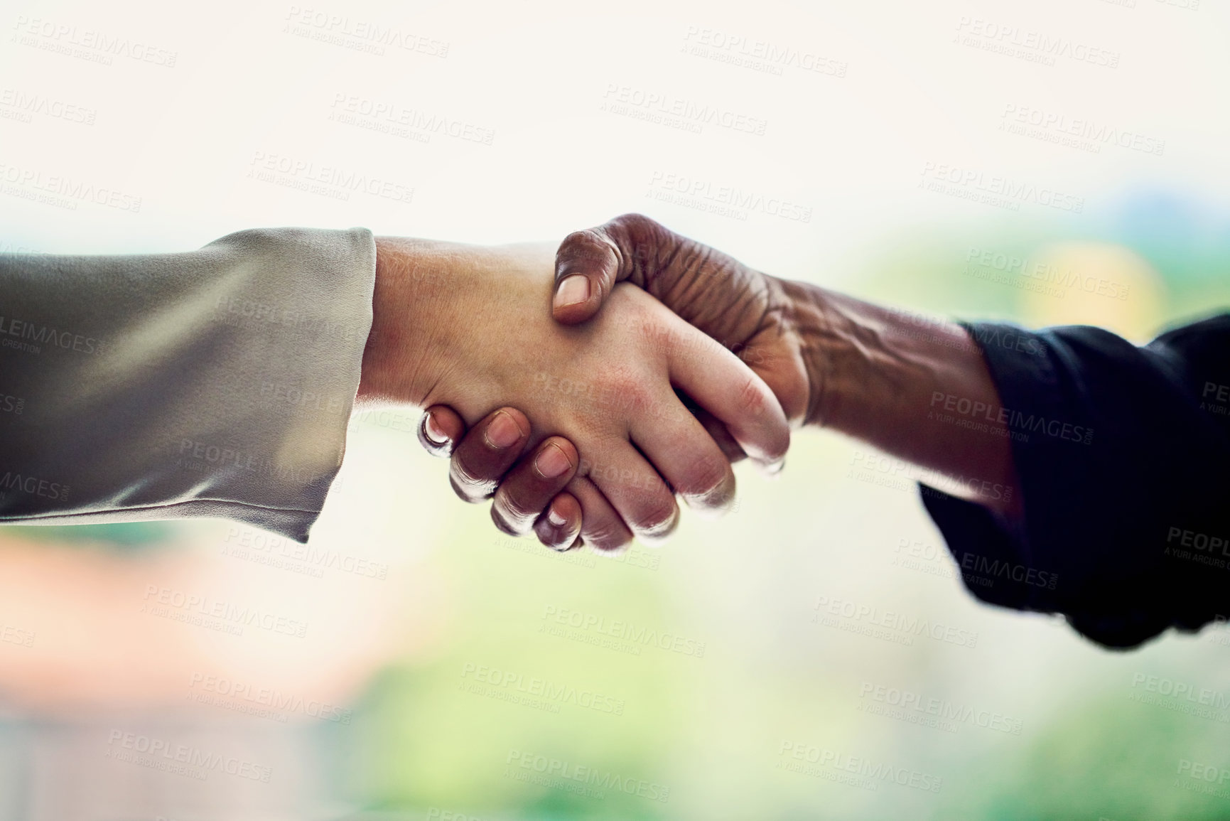 Buy stock photo Cropped shot of unrecognizable businesswomen shaking hands in the office