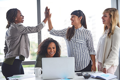 Buy stock photo Success, high five and group of women, laptop and celebration with smile and support in office. Meeting, legal and holding hands for win, ombudsman and happy with report, victory and corporate people