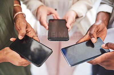 Buy stock photo Business people, hands and smartphone with typing, screen and internet with connection. Closeup, employees and coworkers with technology, cellphone and mobile user with social media and communication