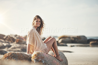 Buy stock photo Portrait of an attractive young woman at the beach