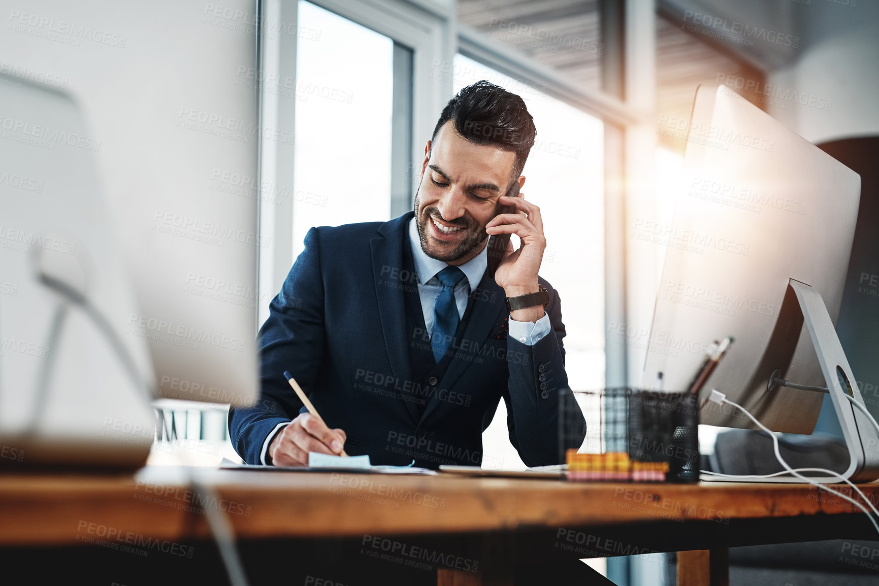 Buy stock photo Business, man and phone call with writing in office for report finding, verify account data or schedule. Notes, happy auditor and mobile discussion with client for fraud investigation or info request