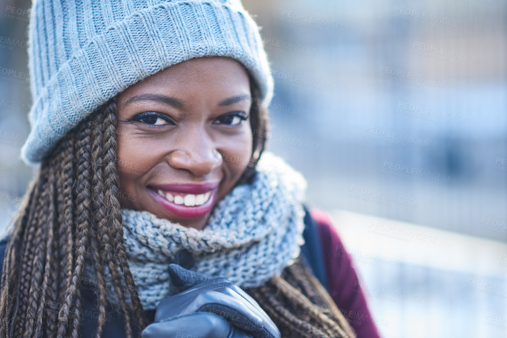 Buy stock photo Portrait, smile and woman in winter, outdoor and excited for snow, park and cold with climate change. Ice, freezing and clothes for weather, happy and black person with scarf, morning and Kenya