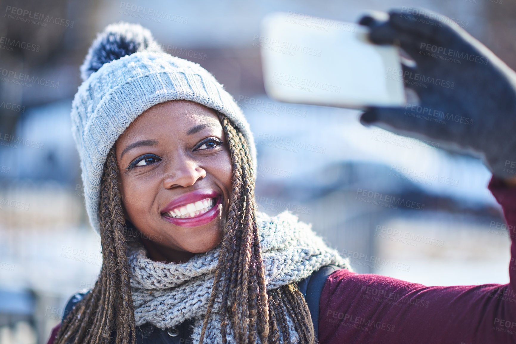 Buy stock photo Happy, black woman and selfie outdoor on vacation, holiday and travel in winter with snow. African girl, city and picture for social media blog post, vlog and influencer with smile for photography