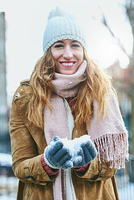 Buy stock photo Portrait of an attractive young woman enjoying being out in the snow