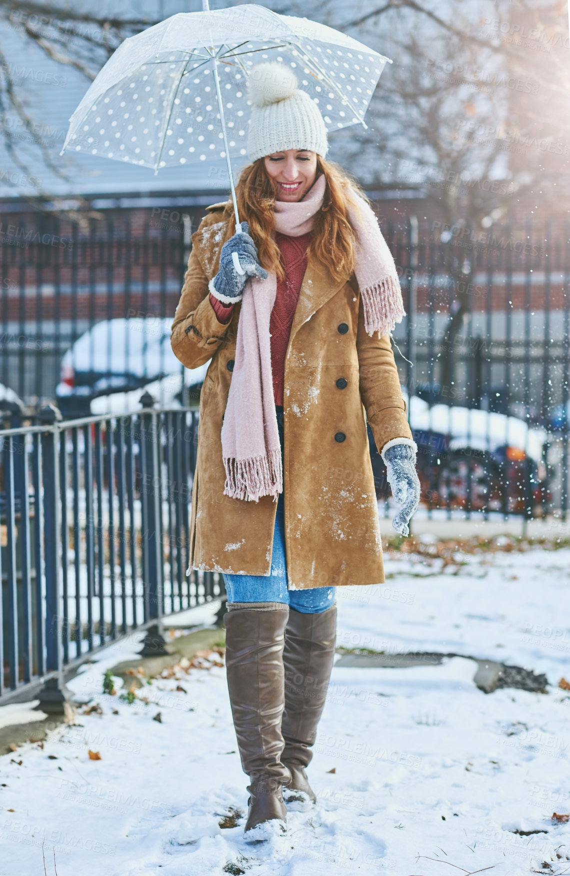 Buy stock photo Umbrella, walking or happy woman with fashion, snow or winter scarf for weather and cold climate in city. Girl, smile and female person on holiday vacation freezing in nature, ice and outdoor travel