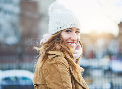 Buy stock photo Portrait, city and girl with smile, scarf or winter fashion for weather and cold climate in park in Norway. Happy woman, break or tourist on holiday vacation freezing in nature and outdoor travel