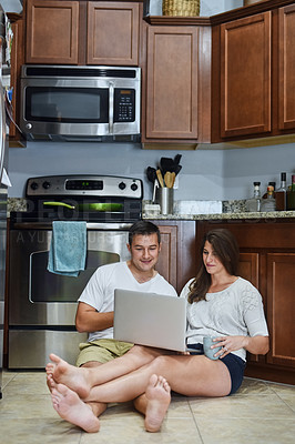 Buy stock photo House, laptop and couple on floor, kitchen and typing with connection, morning and online reading for news. Apartment, pc and man with woman on floor, computer and website information with internet