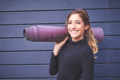 Buy stock photo Happy, yoga and fitness with portrait of woman on wall background for health, workout and wellness. Balance, mindfulness and holistic healing with person for pilates exercise, awareness and energy