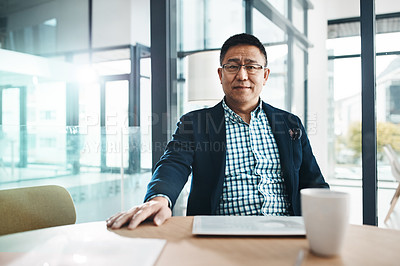 Buy stock photo Leadership, mature and asian man in portrait with investment, wealth and business planning at his office. Management ceo, executive or corporate senior manager, person or people with company vision