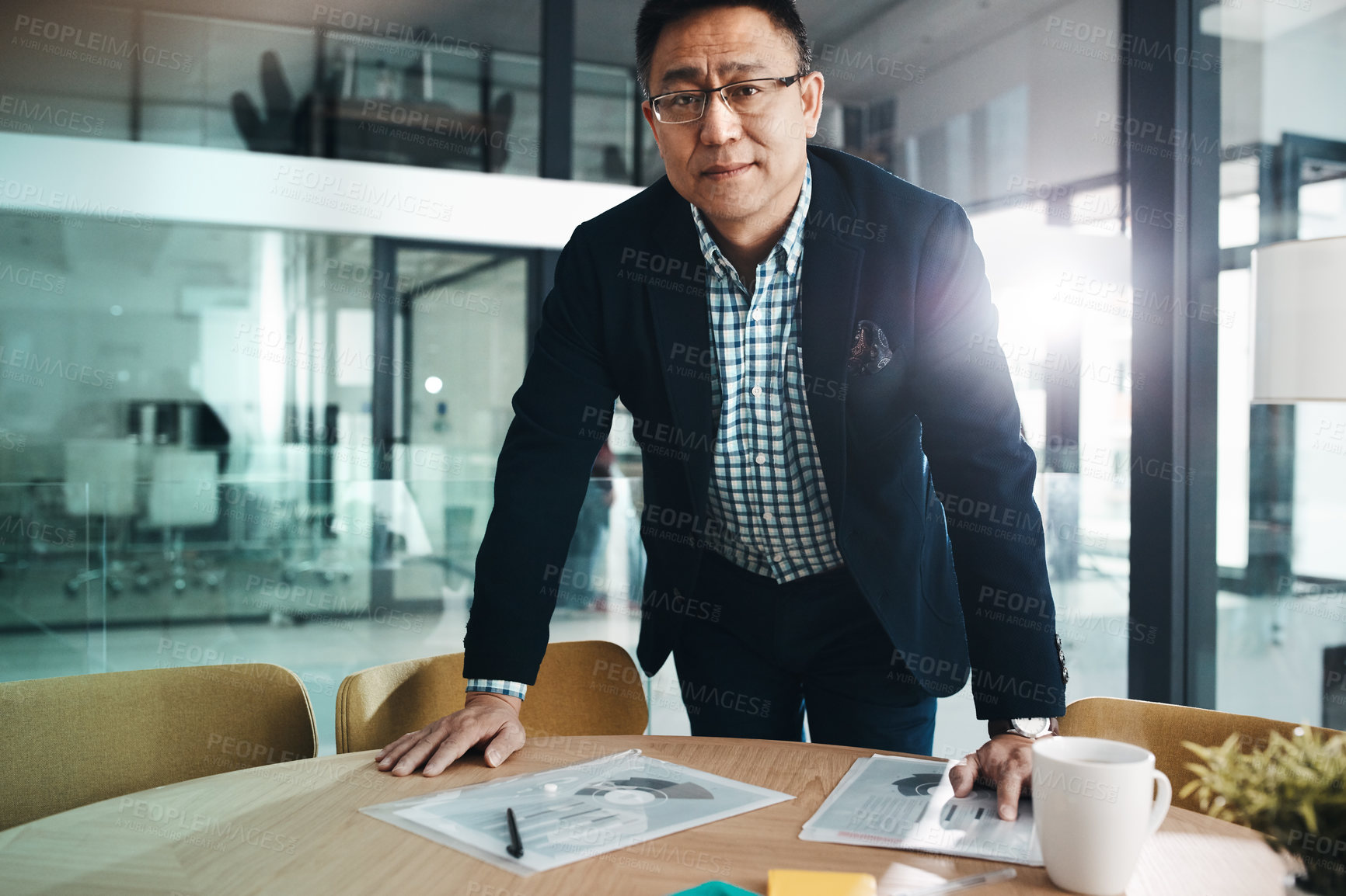Buy stock photo Professional, corporate and portrait of a mature businessman working on data in an office. Start, success and Asian employee with paperwork, documents and finance notes for accounting at an agency