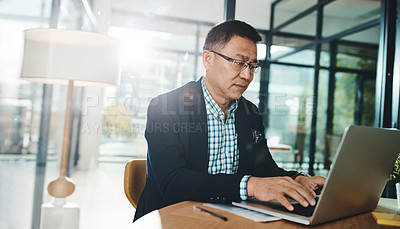 Buy stock photo Office laptop, typing and Asian man reading feedback review of social media, customer experience or ecommerce website. Data analytics, infographic and marketing employee analysis of online survey