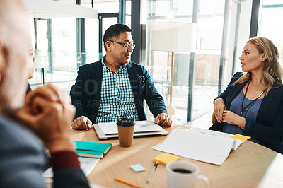 Buy stock photo Idea, planning and communication of business people in meeting at corporate workplace together. Collaboration, brainstorming and strategy of interracial employees in company business meeting.