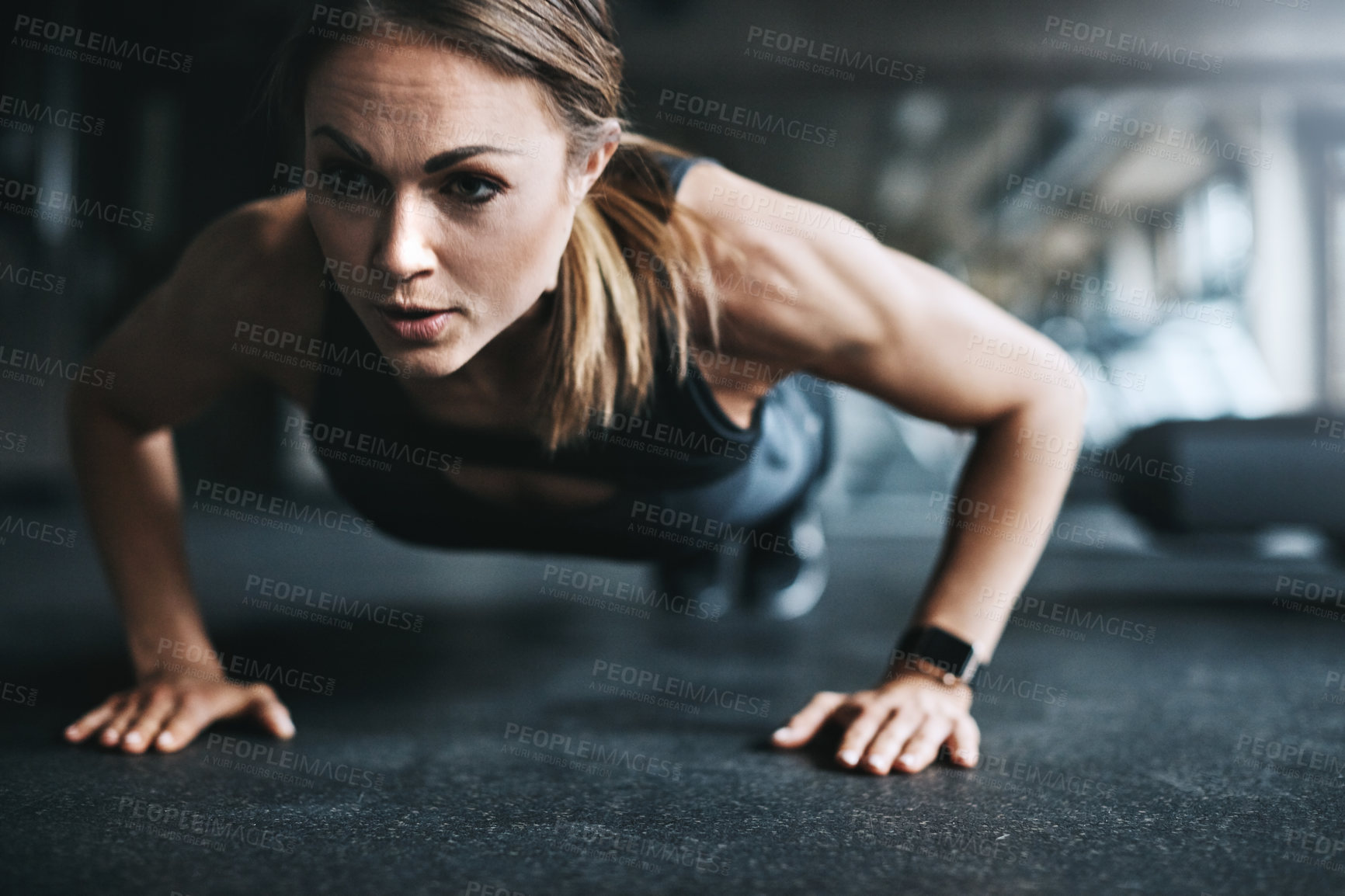 Buy stock photo Woman, push ups and training in gym with fitness for core muscle strength, healthy body and chest workout. Pro athlete, bodybuilder and abs exercise on floor in wellness club for balance and power