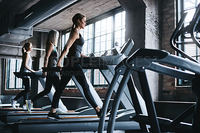 Buy stock photo Full length shot of three attractive and athletic women working out in the gym