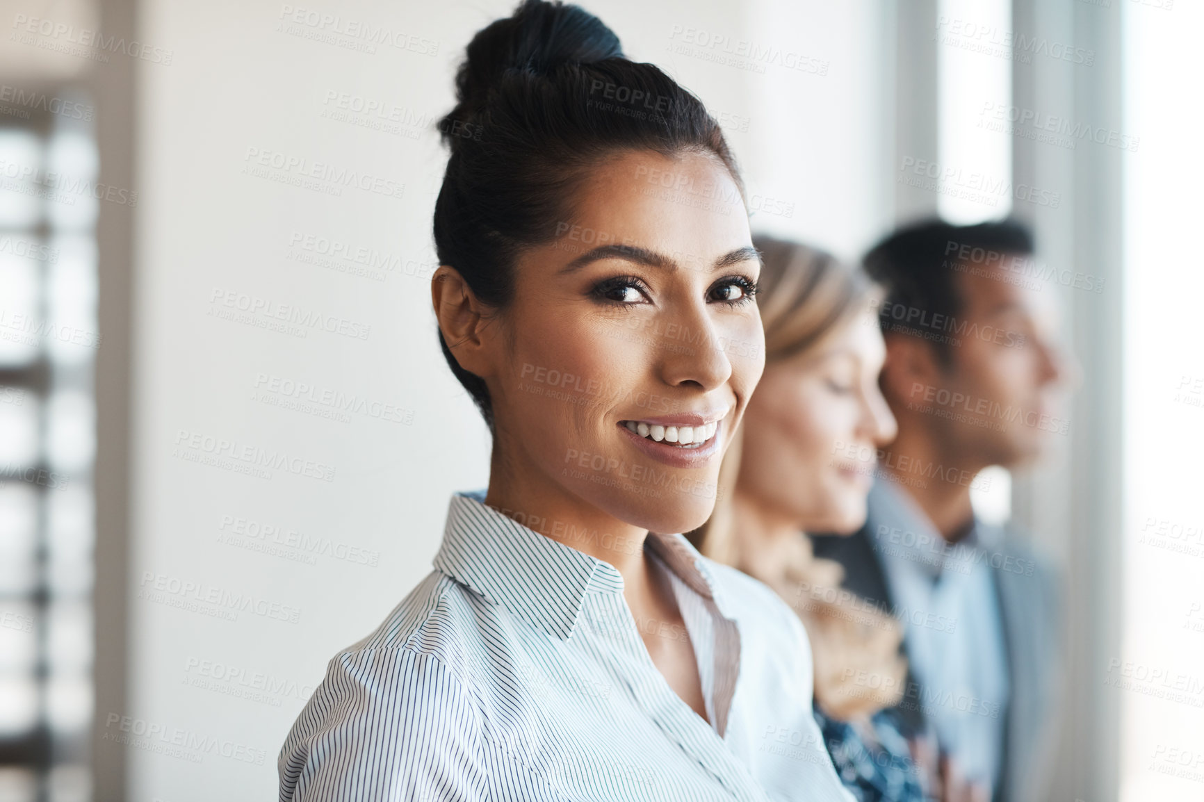 Buy stock photo Office, woman and portrait of business people in row for about us, collaboration and partnership. Corporate, diversity and happy men and women for professional career, company pride and teamwork