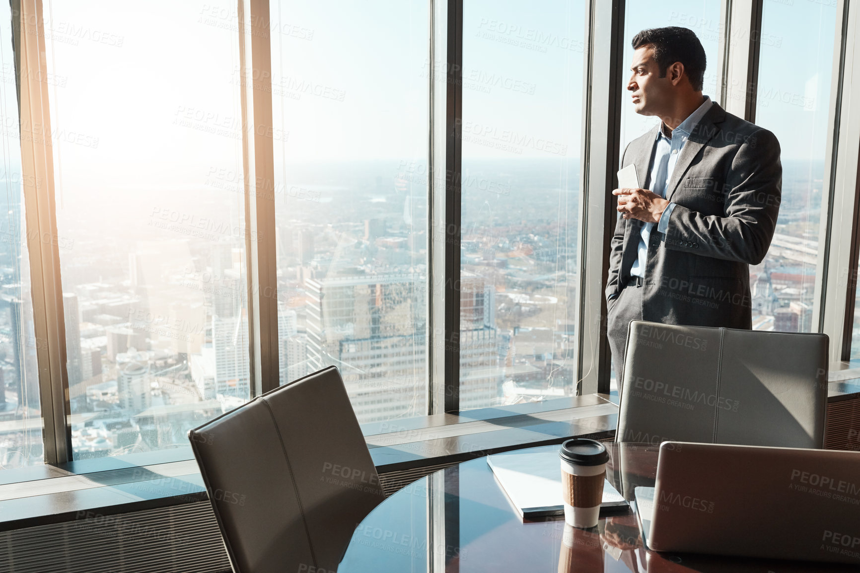 Buy stock photo Thinking, office and businessman by window with idea, solution and insight for company growth. Corporate, entrepreneur and person by glass for problem solving, brainstorming decision and reflection