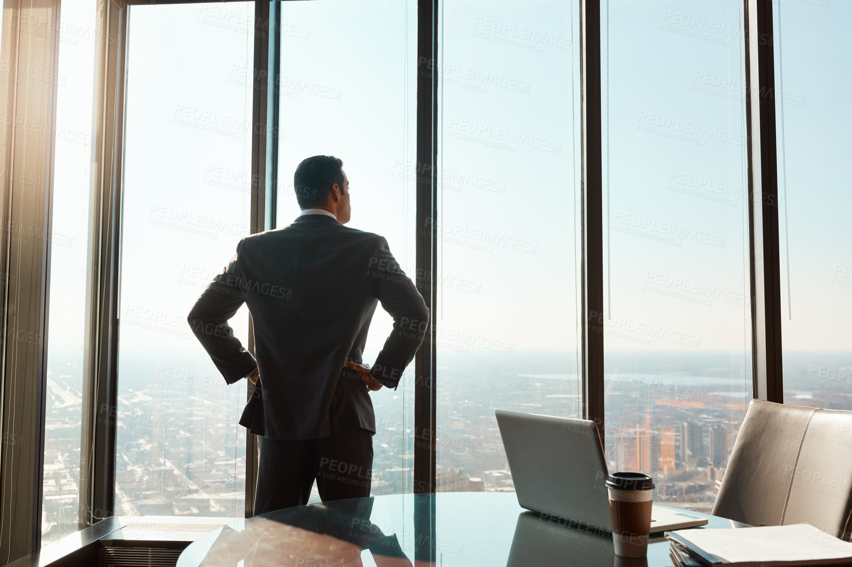 Buy stock photo Businessman, CEO and thinking at window in office, city view for legal case ideas or profesional solution. Law firm, thoughtful advocate or contemplating client defence for court trial in boardroom