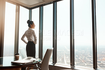 Buy stock photo Business woman, office window and thinking of ideas, plan or vision in city building. Professional female entrepreneur person with hands on hips for motivation or inspiration for corporate career