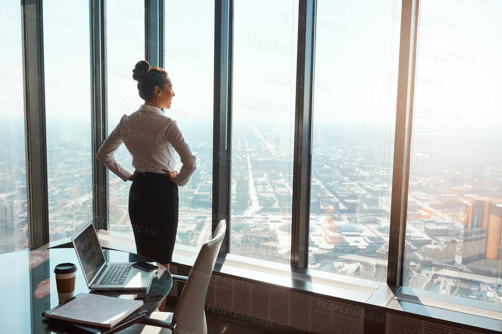 Buy stock photo City view, thinking and woman in office, window and professional with success, pride or confidence. Person, employee or accountant with positive mindset, career ambition or company growth with choice